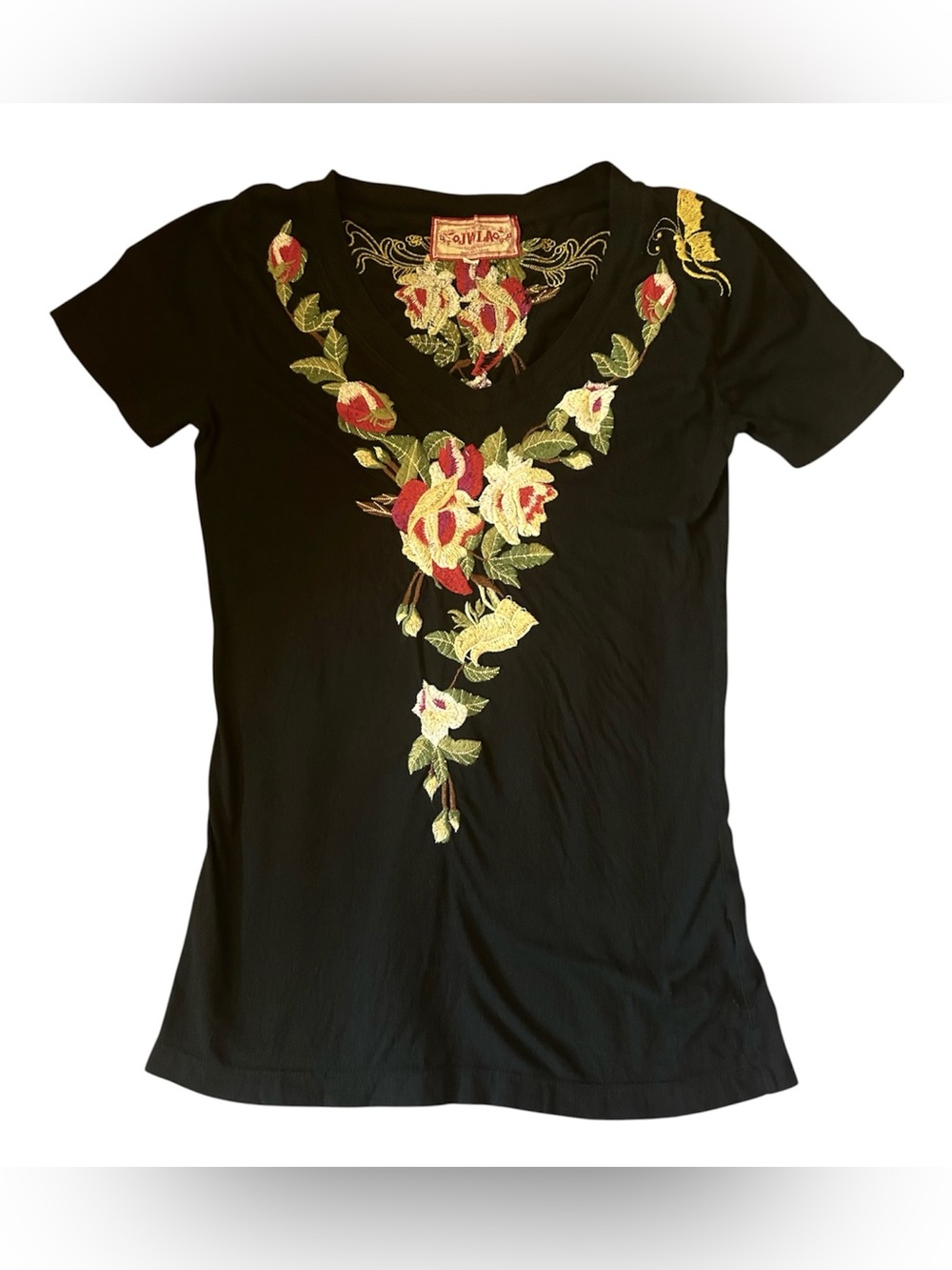 JWLA Johnny Was Embroidered Black V-Neck Tee, Size M - Excellent Condition